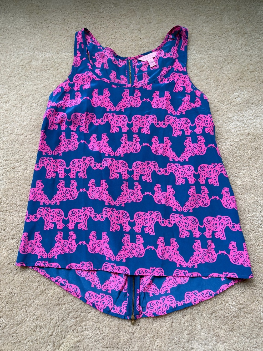 Lilly Pulitzer Navy & Pink Pack Your Trunk Elephant Silk Tank Top - Size M - EUC